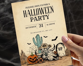 Spooky Western Halloween Party Invitation, Scary Desert Vibes Invite, Editable Template