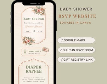 Szablon strony internetowej z zaproszeniem na baby shower w stylu vintage z motywem botanicznym, edytowalny RSVP z Canva