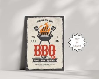 Plantilla de invitación vintage para barbacoa / Invitación retro para parrillada en el jardín / Folleto rústico de barbacoa de verano / Descarga digital editable