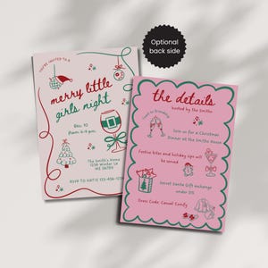 Può includere: Due inviti rosa per una festa di Natale con illustrazioni e testo verdi e rossi. Il primo invito recita "merry little girls night" e il secondo "the details". Gli inviti includono i dettagli per una cena di Natale e uno scambio di regali.