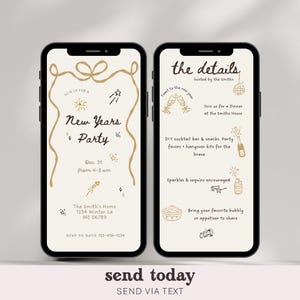May include: Two smartphones displaying New Year's party invitations. The left screen reads "New Years Party" with event details. The right screen lists party details, including dinner, DIY cocktail bar, and encouraged sparkles. The bottom of the image says "send today".