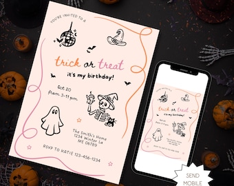 Trick or Treat Halloween Invitation, Spooky Whimsical Birthday Party Invite, Editable Template