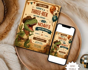 Zaproszenie urodzinowe Three Rex, zaproszenie na imprezę z motywem dinozaurów z Dzikiego Zachodu, edytowalny szablon cyfrowy