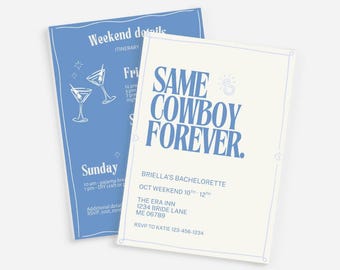 Zaproszenie i plan podróży „Same Cowboy Forever Blue” na weekend dla panny młodej i mężczyzny w Coastal Cowgirl, zaproszenie na finałową imprezę „Something Blue” w wersji cyfrowej w stylu western, edytowalne