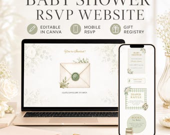Szablon strony internetowej RSVP na baby shower | Zaproszenie Greenery Gold | Losowanie pieluszek Sip See Gender Reveal