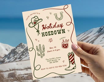 Zaproszenie na imprezę Western Holiday Hoedown, szablon z motywem imprezy kowbojki, edytowalne zaproszenie