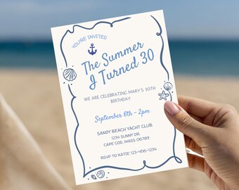 Invitación de cumpleaños número 30: El verano que cumplí 30, temática de playa, plantilla editable de Canva, descarga digital