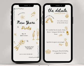 May include: Two smartphones displaying New Year's party invitations. The left screen says "New Years Party" with event details and address. The right screen lists party details, including dinner, cocktail bar, and encouraged sparkles.