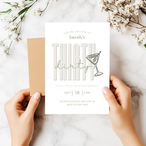 Dirty Thirty verjaardagsuitnodiging, Olive Martini Women's 30e verjaardagsuitnodiging, Dirty 30 digitale uitnodiging viering evenement kaart bewerken