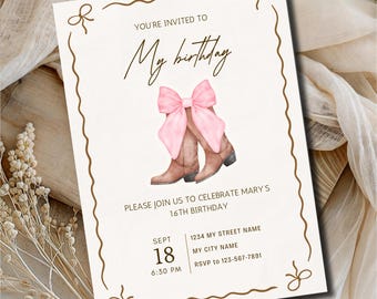 Invitación de vaquera del oeste, invitación de cumpleaños con lazo rosa, plantilla editable.