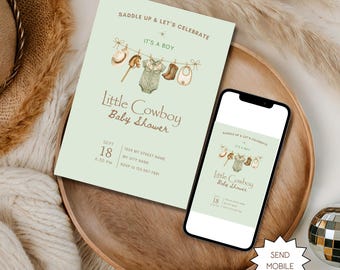 Zaproszenie na baby shower z motywem małego kowboja, zaproszenie na przyjęcie dla chłopca w stylu western, szablon do edycji