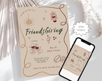 Friendsgiving Dinner Invitation, Whimsical Thanksgiving Invite, Digital Editable Template