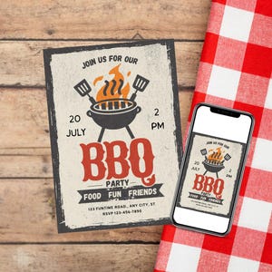 May include: A vintage-style invitation for a BBQ party on July 20th at 2 PM. The invitation features a black and white illustration of a grill with flames and the text "Join us for our BBQ Party Food Fun Friends".