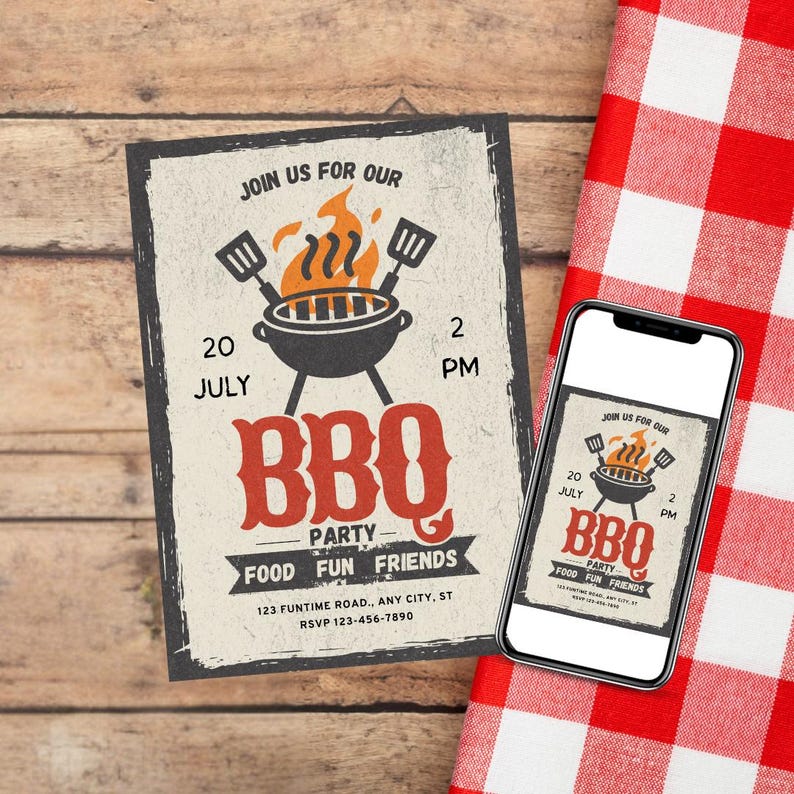 Puede incluir: Una invitaci&oacute;n de estilo vintage para una fiesta de barbacoa el 20 de julio a las 2 PM. La invitaci&oacute;n presenta una ilustraci&oacute;n en blanco y negro de una parrilla con llamas y el texto "Join us for our BBQ Party Food Fun Friends".