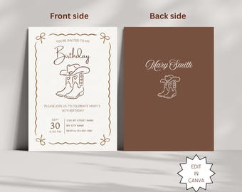 Brązowe zaproszenie kowbojki, zaproszenie na przyjęcie urodzinowe w stylu western kowbojki DIY, edytowalne Canva, zaproszenie kowbojki na 40. i 50. urodziny Yee Haw Coquette