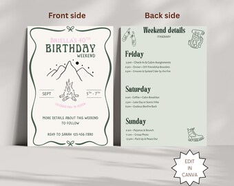 Invitación de cumpleaños de aventura: Campamento al aire libre, itinerario editable (descarga digital)