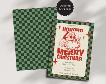 Retro Santa Frohe Weihnachten Einladung, Ho Ho Ho Einladen, bearbeitbare Vorlage Digitaler Download
