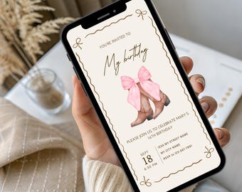 Zaproszenie na telefon z okazji urodzin kowbojki, zaproszenie na telefon w stylu westernowej kokietki, zaproszenie do pobrania natychmiast, szablon do edycji
