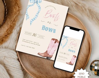 Zaproszenie na baby shower w kolorze różowo-niebieskim z motywem kokardki i butów, szablon do edycji