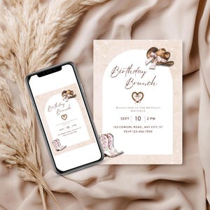 Cowgirl-Brunch-Einladung, Geburtstags-Brunch-Einladungen, Cowgirls-Themenparty-Einladungen, Bearbeiten in Canva, Bday Western-Einladung Digitale Karte