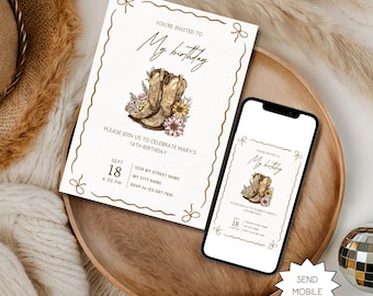Blumen-Cowgirl-Geburtstagseinladung, Western-Party einladen, bearbeitbare digitale Vorlage