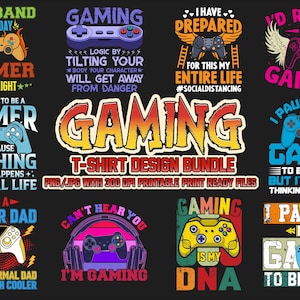 Könnte beinhalten: Ein Set mit 10 farbenfrohen T-Shirt-Designs mit Gamer-Motiven und Texten. Die Designs beinhalten Sätze wie "Ehemann am Tag, Gamer in der Nacht", "Ich bin ein Gamer-Papa", "Gaming ist meine DNA" und "Ich habe mein Spiel pausiert, um hier zu sein".