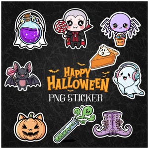 Könnte beinhalten: Eine Sammlung von Halloween-Themen-PNG-Aufklebern auf schwarzem Hintergrund. Die Aufkleber zeigen einen Vampir, eine Spinne, eine Fledermaus, einen Kürbis, einen Geist, eine Zaubertrankflasche, ein Reagenzglas, einen Kuchen und Stiefel. Der Text "Happy Halloween PNG Sticker" ist ebenfalls vorhanden.