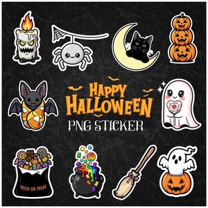 Könnte beinhalten: Eine Sammlung von Halloween-PNG-Stickern auf schwarzem Hintergrund. Die Sticker zeigen eine Kerze, eine Spinne, eine schwarze Katze auf einem Mond, gestapelte Kürbisse, eine Fledermaus, einen Geist, eine Tüte Süßigkeiten, einen Kessel, einen Besen und einen Geist in einem Kürbis. Text "Happy Halloween PNG Sticker".