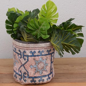 May include: A decorative planter with a pink and blue patterned design, filled with vibrant green tropical leaves. The planter sits on a wooden surface, adding a touch of nature to any space.