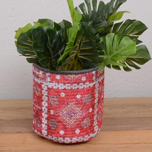 Könnte beinhalten: Ein rot-weiß gemusterter Blumentopf gefüllt mit grünen Blättern. Der Topf hat ein geometrisches Design und steht auf einer Holzoberfläche. Die Pflanzen haben große, leuchtend grüne Blätter.
