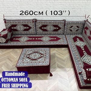 Conjunto de sofás, sofá otomano turco, cojín kilim, cojín de suelo en forma de U, asiento árabe, sofá con otomana, sofá árabe, sofá de suelo tradicional