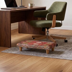 Home Office Footrest, Red Geometric Ottoman, Rectangular Upholstered Stool, Desk Leg Support, Wooden Legs, Boho Decor