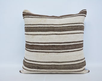 Pillow Cover, Turkish Kilim Pillow, Turkish Pillow, Throw Pillow, 32x32 Beige Pillow, Striped Pillow, Bench Cover, Vintage Pillow,  278