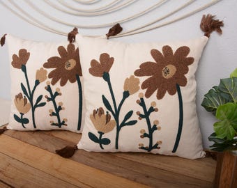 Brown Floral Embroidered Pillow Cover – Rustic Earthy Cushion with Tassels