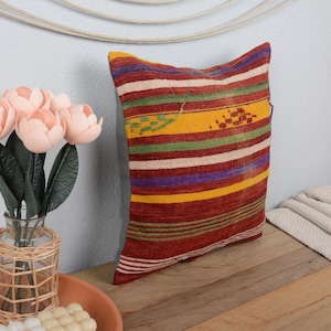 Kilim Pillow, Pillow for Sofa, 16x16 Throw Kilim Pillow, Turkish Kilim Pillow, Purple Pillow Cover, Southwestern Pillow,