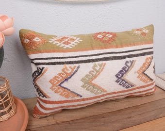 Kilim Pillow Cover, Pillow for Sofa, 12x20 Vintage Pillow, Turkish Pillow, White Pillow, Turkish Lumbar Pillow, Vintage Kilim Pillow,