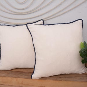 Natural Cotton Linen Pillow Cover with Navy Blue Piping, Decorative Cushion Cover, Handmade Throw Pillow, Farmhouse Pillow, Minimalist Decor