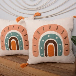 Boho Rainbow Pillow Cover 16x16, Embroidered Colorful Cushion, Earthy Kids Room Decor with Tassels