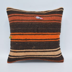 Kilim Pillows, Personalized Pillow, Kilim Pillow Cases, 14x14 Orange Pillow, Striped Kilim Pillow, Garden Pillow Cover, 521