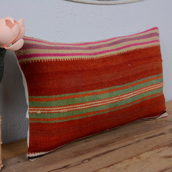 Turkish Kilim Pillow, Kilim Pillow, Home Decor Pillow, Pillow for Couch, 12x20 Red Cushion Case, Striped Pillow, Gifts For Him Pillow,  1491