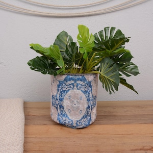 May include: A decorative plant pot with a blue and beige patterned design, filled with vibrant green tropical leaves. The pot sits on a wooden surface, with a neutral-colored blanket to the left.