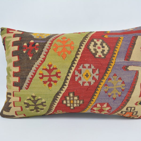 Housse de coussin, oreiller de corps, housse de coussin Kilim, coussin vert 16 x 24, housse de coussin géométrique, housse de coussin de ferme, 653