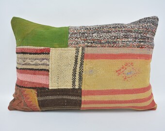 Pillow Covers, Turkish Kilim Pillow, 16x24 Green Cushion, Striped Cushion Case, Southwestern Pillow Case, Corner Cushion Case, 785