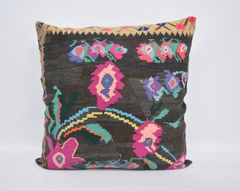 Pillow Cover, Kilim Pillow, Throw Pillow, Turkish Pillow, 32x32 Black Cushion, Geometric Pillow, Ethnic Cover, Gift Pillow,  135