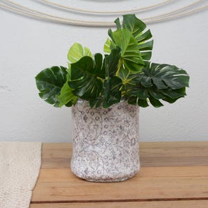 Może przedstawiać: Ozdobny wazon z szczegółowym wzorem kwiatowym w odcieniach szarości i bieli, wypełniony żywymi zielonymi liśćmi Monstera. Wazon stoi na drewnianej powierzchni, tworząc naturalną i elegancką ekspozycję.