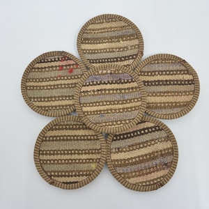 Coffee Cup Pad, Round Coaster, Kilim Coaster, Beige Coaster, Striped Coaster, Stylish Rug Coaster, Coffee Pad,