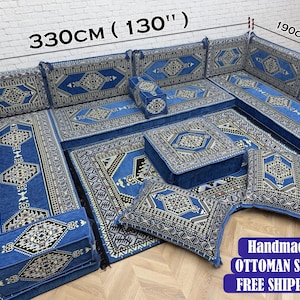 Set di sedute turche, divano modulare, sedute arabe, divano blu, divano con pouf, set di sedute da pavimento, arredamento per la casa, divano componibile, divano Kilim