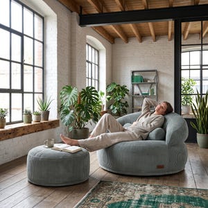 Sage Green Pouf Sofa with Footstool, Extra Wide Comfort Chair, Cushioned Corduroy Seat, Oversized Relaxation Armchair