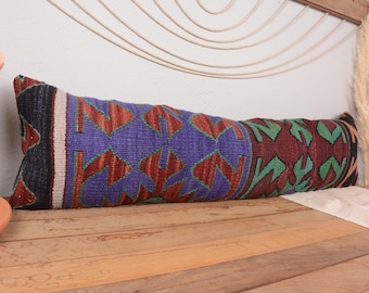Funda de almohada Kilim, almohada decorativa para el hogar, almohadas antiguas de 12 x 48, almohada para sofá, almohada azul, almohada rectangular, almohada con patrón geométrico,