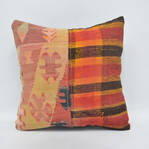 Kilim Pillow Cases, Personalized Gift, 16x16 Orange Cushion Case, Geometric Cushion, Handmade Throw Cushion Case, Gifts For Him Pillow, 753